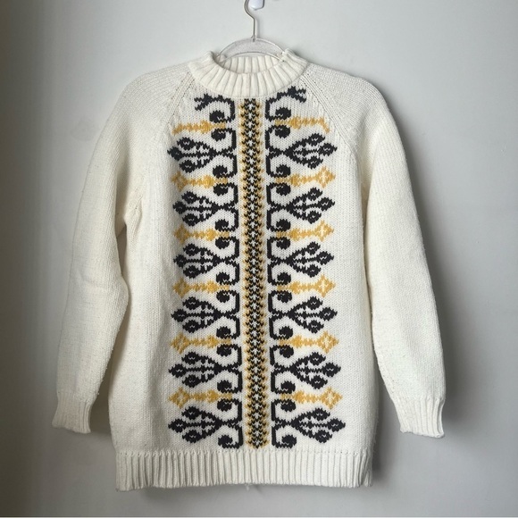 Vintage 70s Campus Shop White Brown Yellow Knit Sweater M - Picture 1 of 4